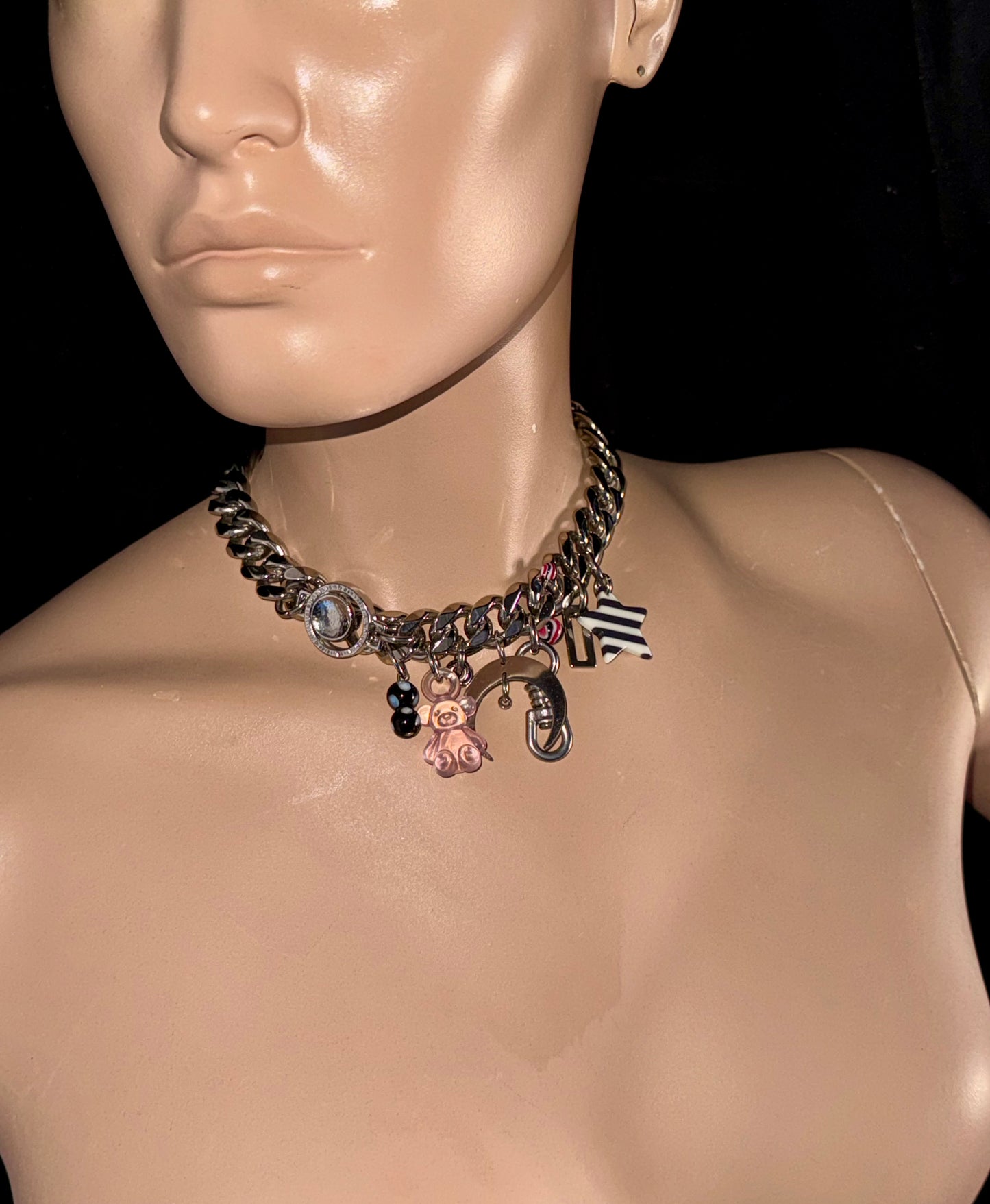 upcycled charm choker stainless steel with pink bear and star charms
