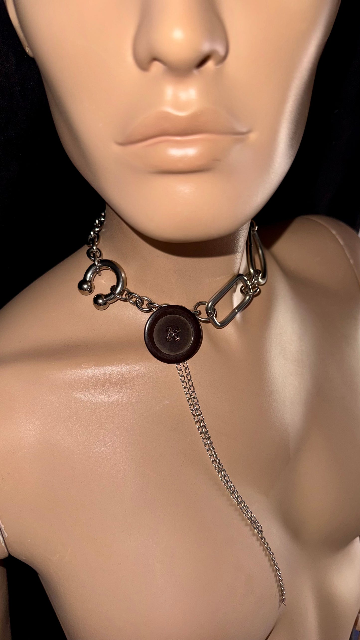 stainless steel chain choker with vintage button and dangling chain detail