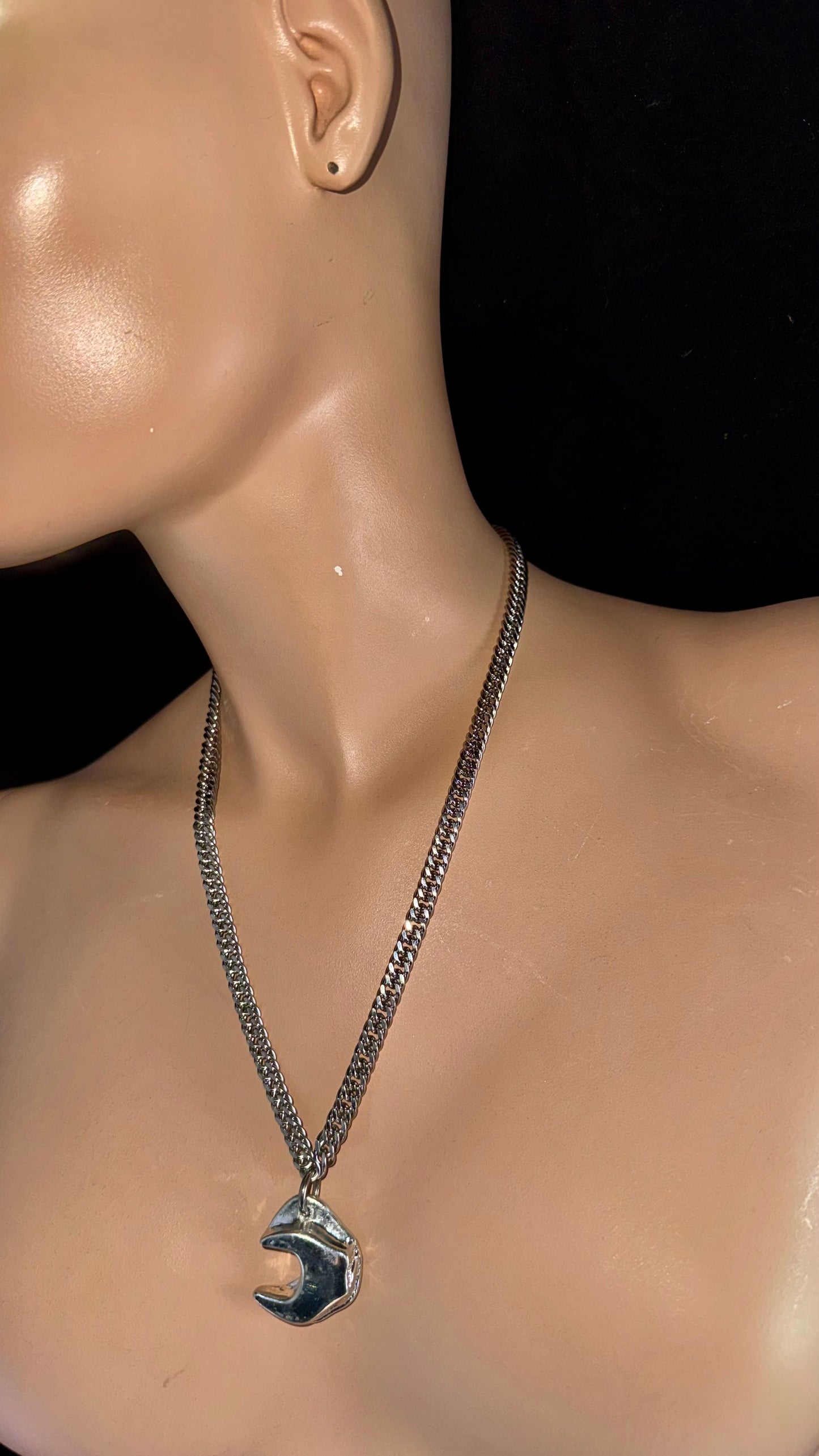 upcycled wrench necklace with silver chain stainless steel