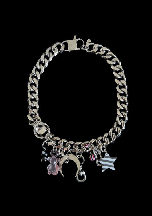 chunky stainless steel charm necklace with pink bear charm and striped star