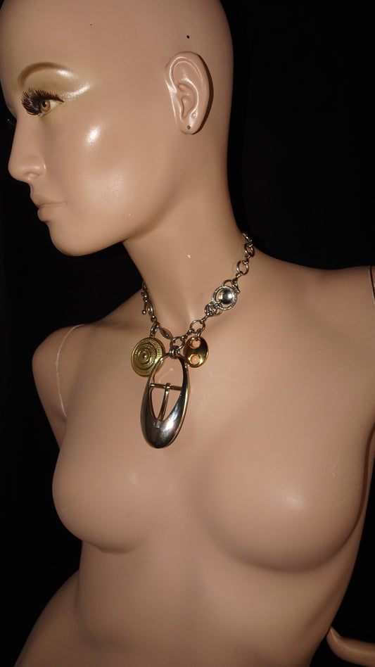 Bold statement necklace by weARCHIVE with upcycled mixed stainless steel charms on a chunky stainless steel chain. 