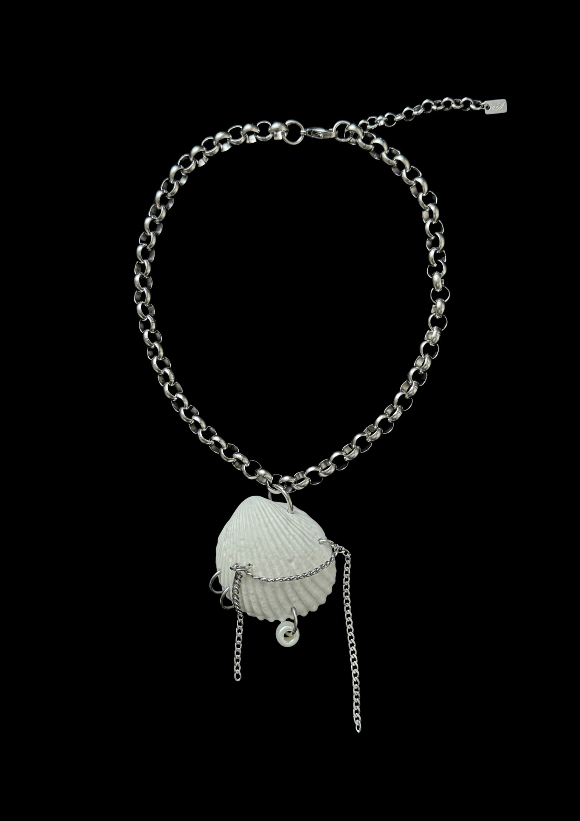 upcycled chain shell choker with draped stainless steel chain details