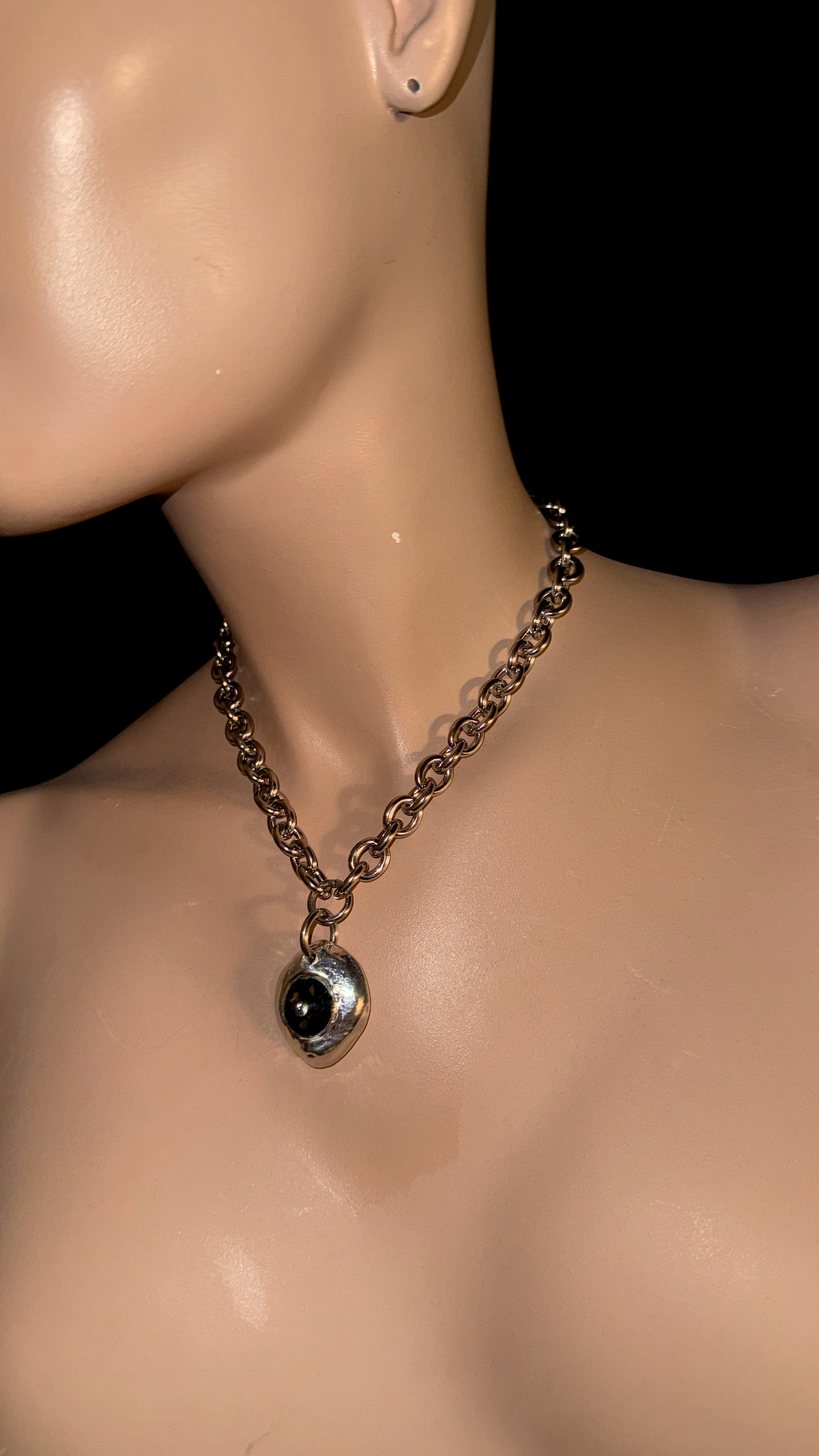 side view stainless steel choker with melted pendant necklace
