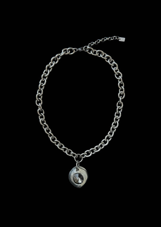 stainless steel choker with melted pendant and dark stone