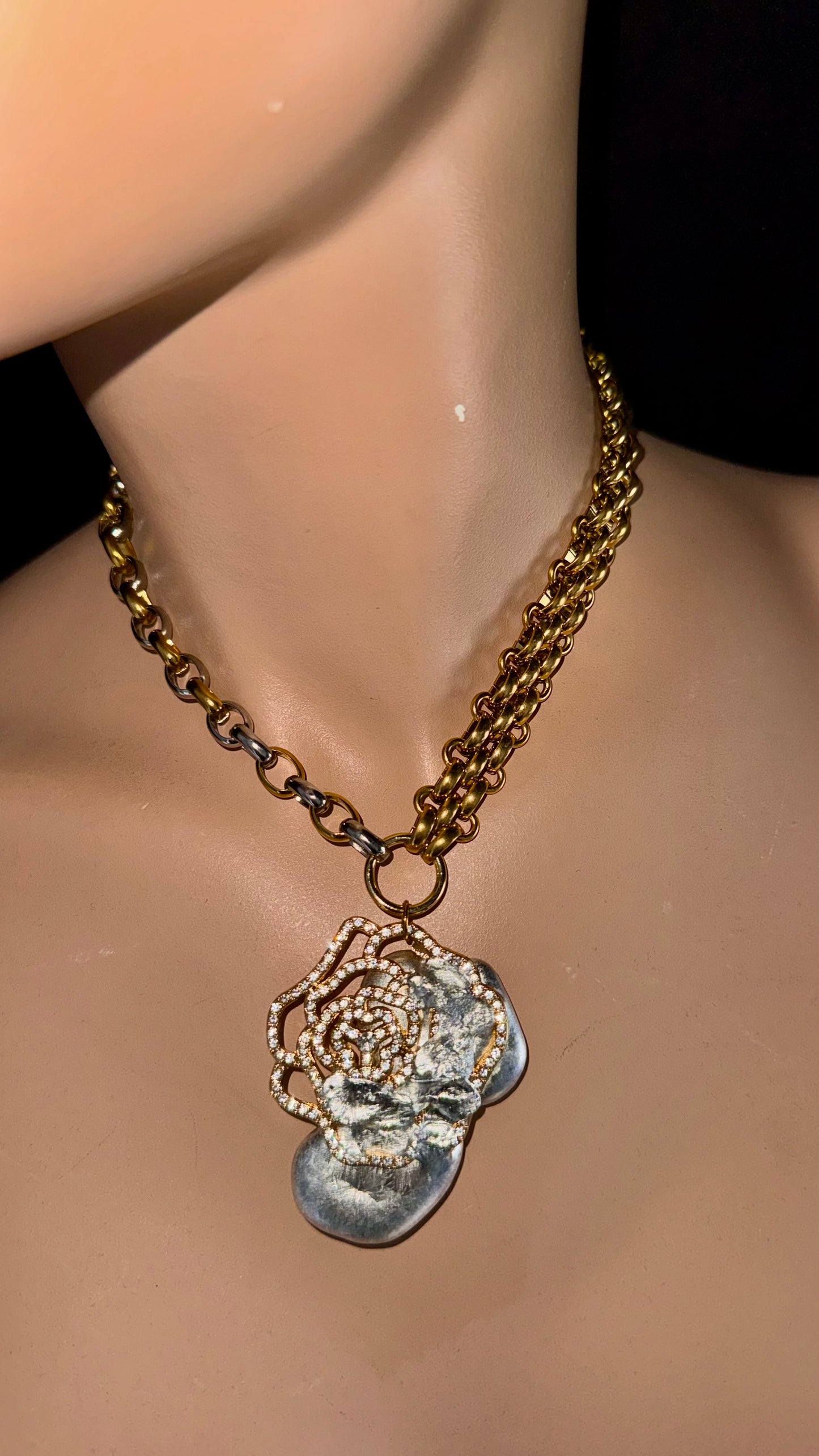 upcycled statement necklace rose charm stainless steel