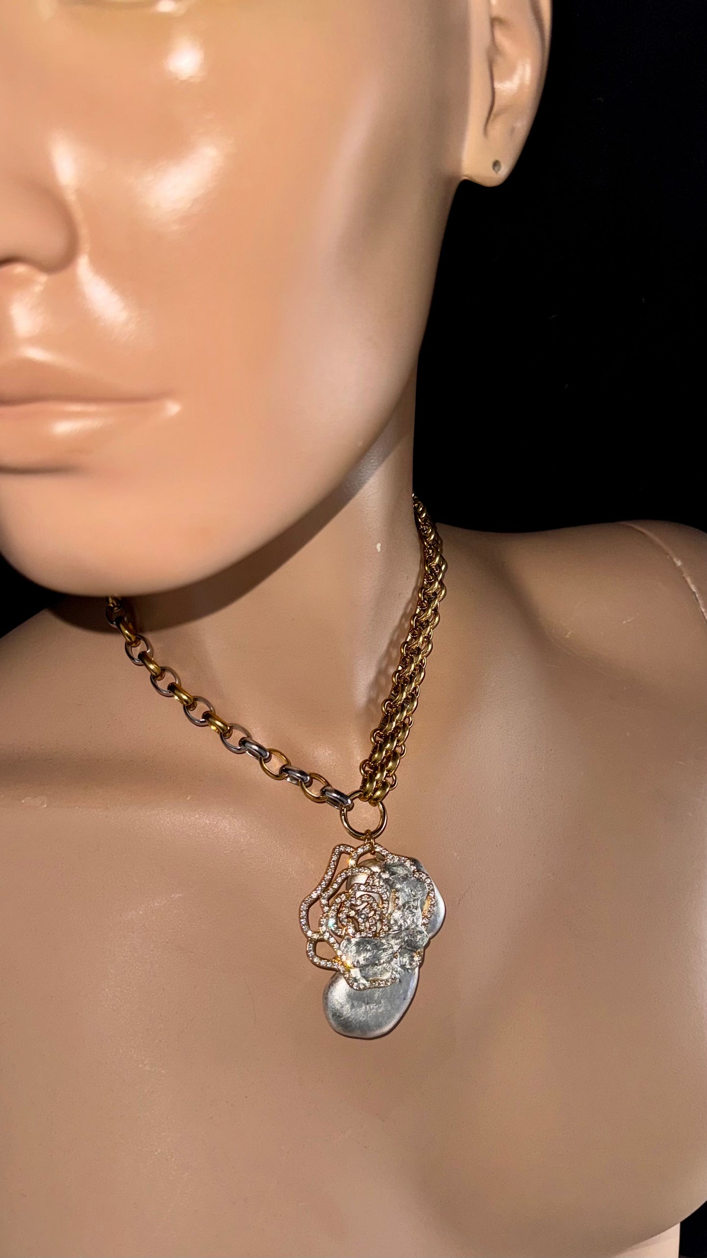 upcycled melted rose necklace stainless steel chain gold silver pendant