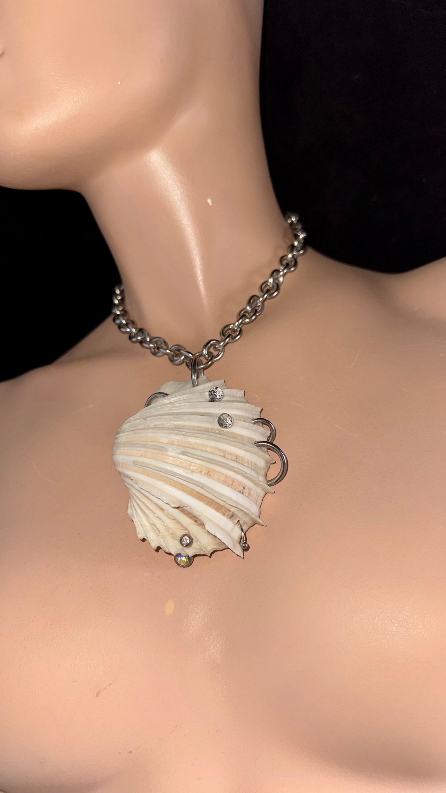 close-up of pierced shell pendant on stainless steel chain necklace