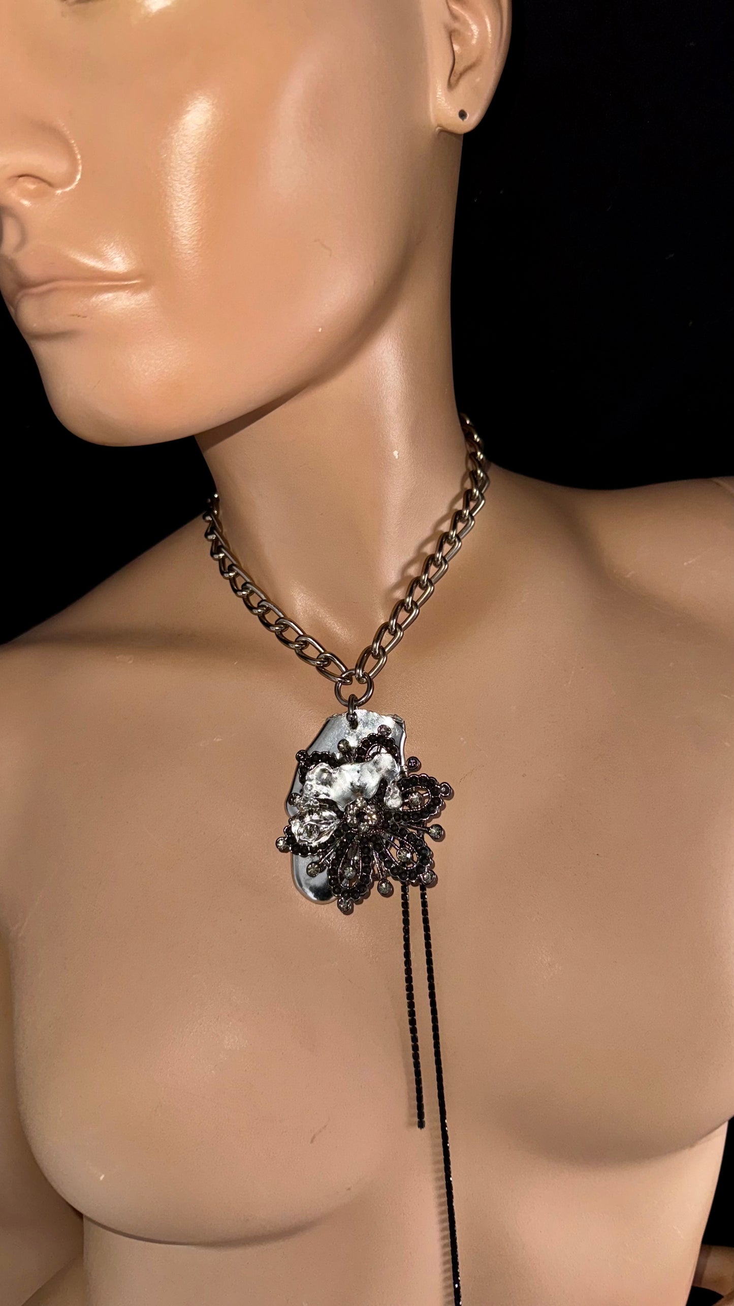 industrial style necklace with vintage floral embellishment and silver chain