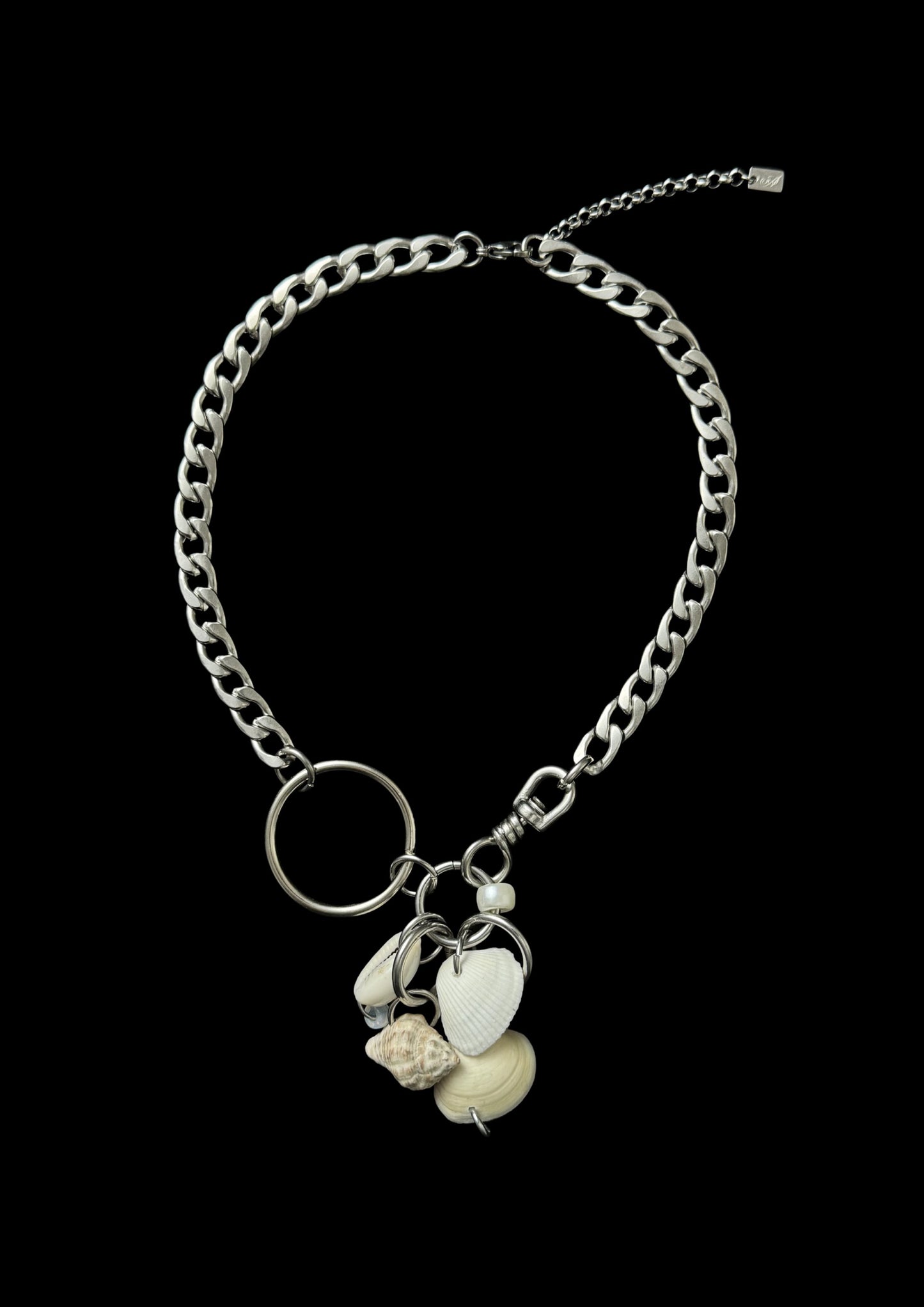 upcycled shell cluster necklace with stainless steel chain and mixed shell charms