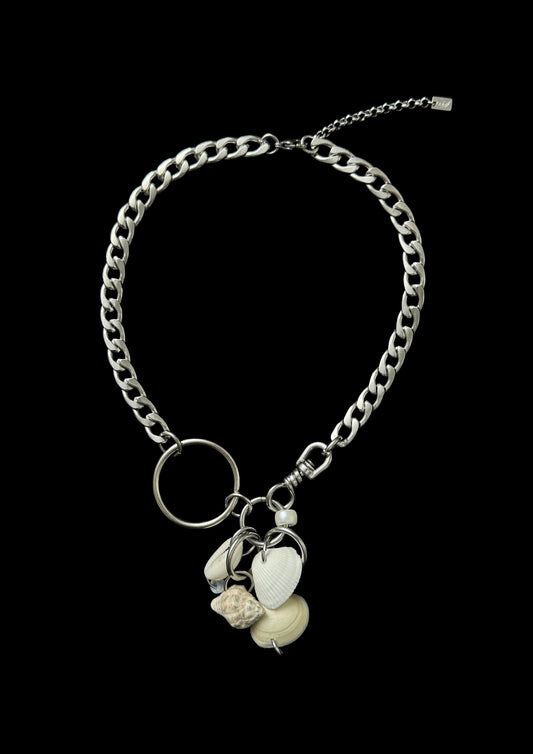 upcycled shell cluster necklace with stainless steel chain and mixed shell charms
